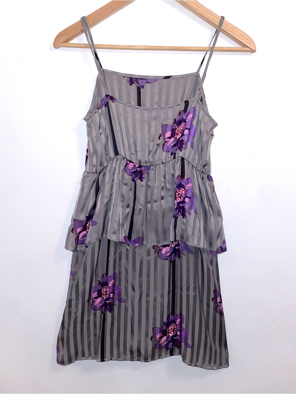Kimchi Blue Gray Striped Dress with Purple Floral Accents